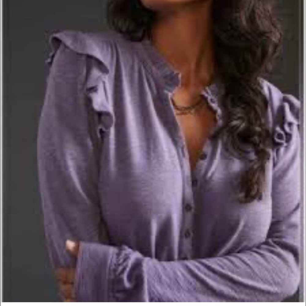 Pilcro Women’s Top Shirt Ruffled Henley Long Sleeve blouse cotton purple Medium - Picture 2 of 16